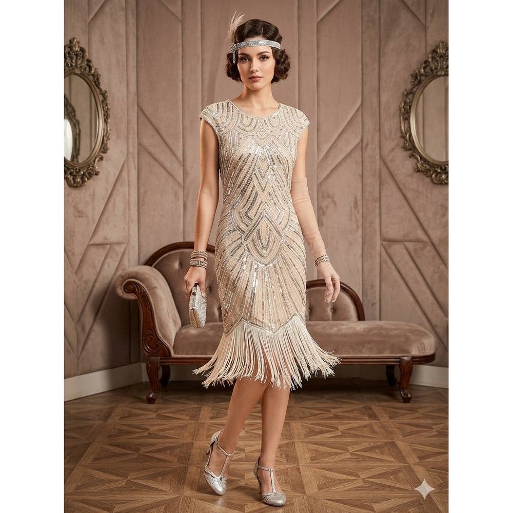 Babeyond Women Champagne Sequin Pearl Flapper Dress Gatsby 1920s Fringe Large